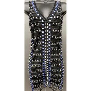 NBD Mini Dress S Black Rhinestone Stretchy Bodycon Party Cocktail Sexy Night Out